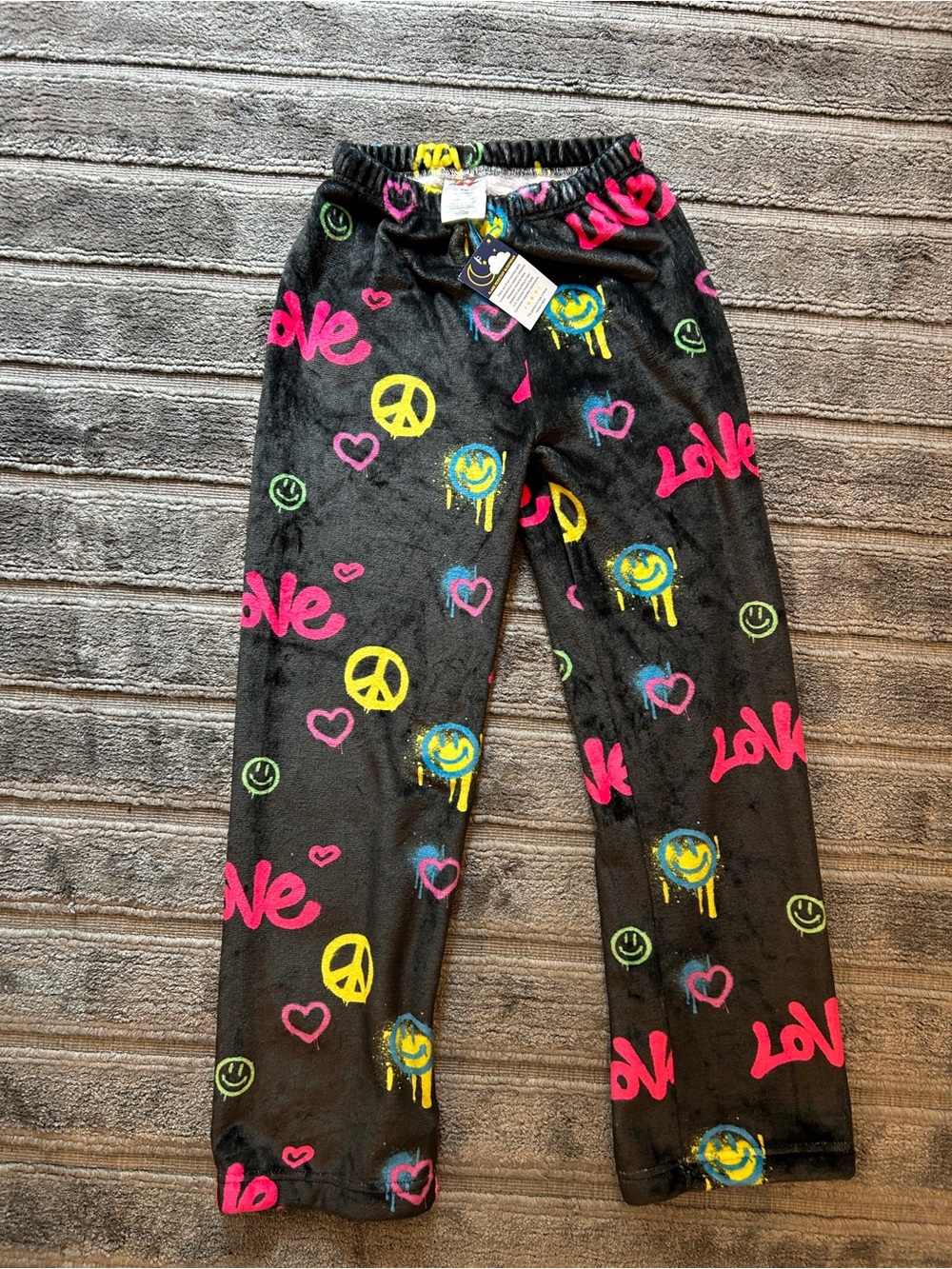 Heartbreaker Black Fleece Pajama Pants with Neon Pink 'Love' & Multicolor Prints